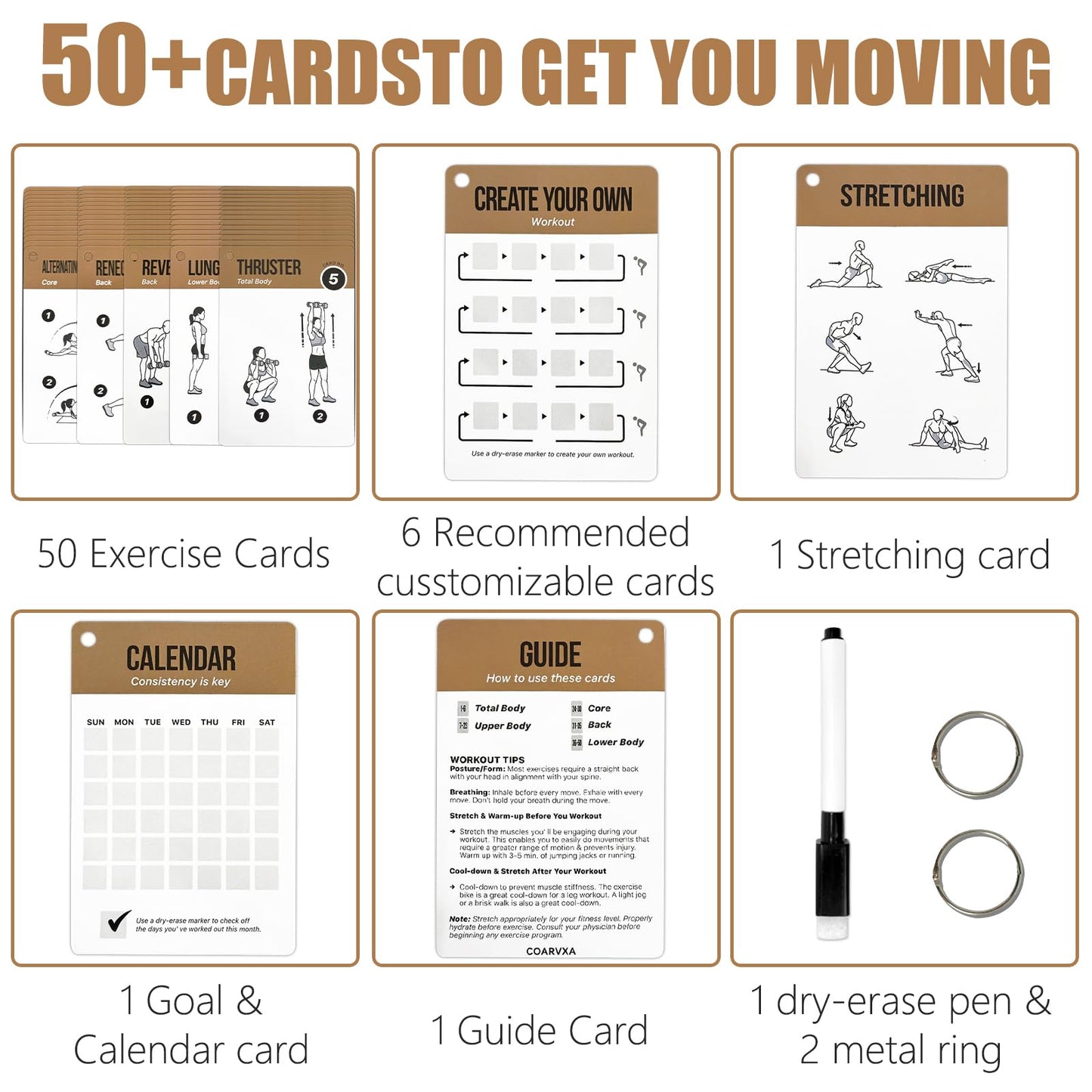 Dumbbell Cards for Women & Men-50 Dumbbell Workout Cards，Includes 2 Rings& Dry-Erase for Easy Organization-Home, Gym or Studio (Dumbbell)