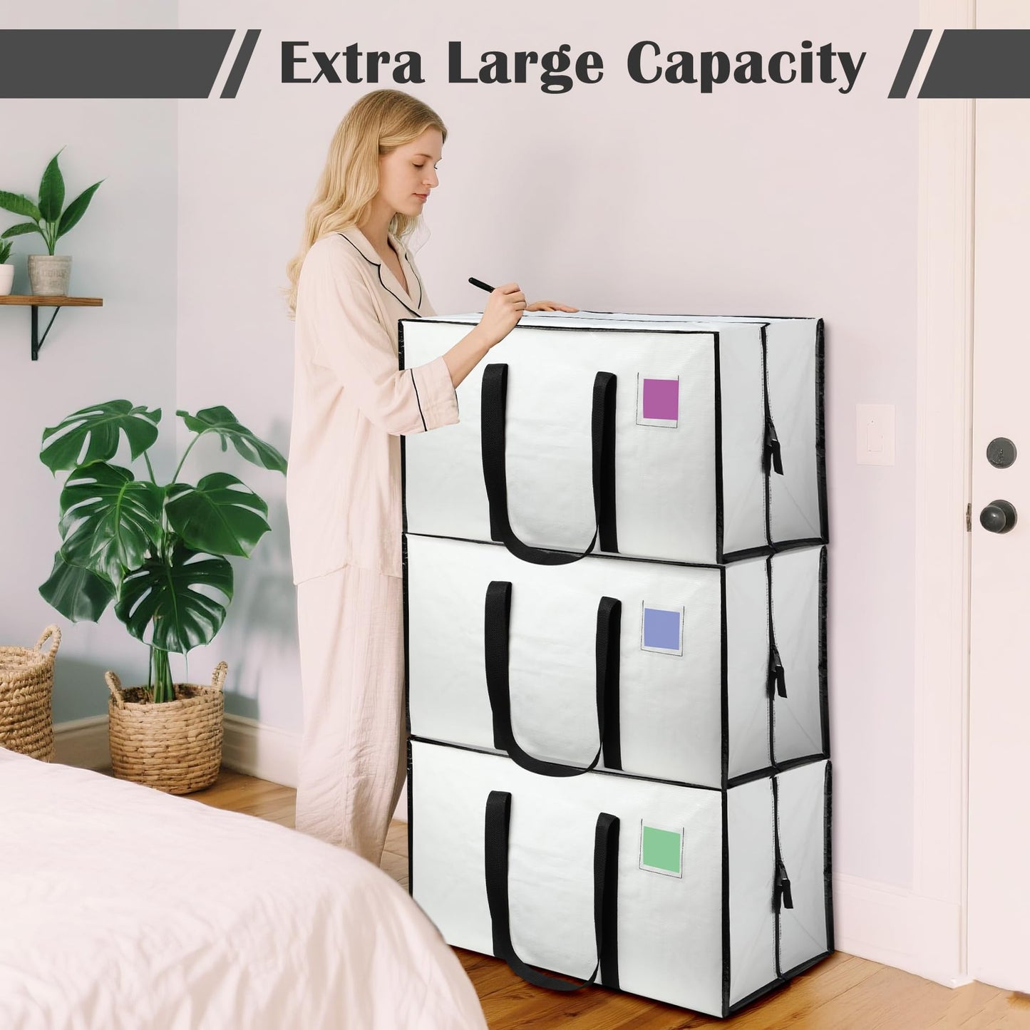 RMOHRO 6 Pack Moving Bags Heavy Duty 210GSM with Full-Open Side Zipper, 93L 65lbs Waterproof Foldable Storage Totes for College Dorm Move-In, Moving Boxes Alternative & Home Organization,White