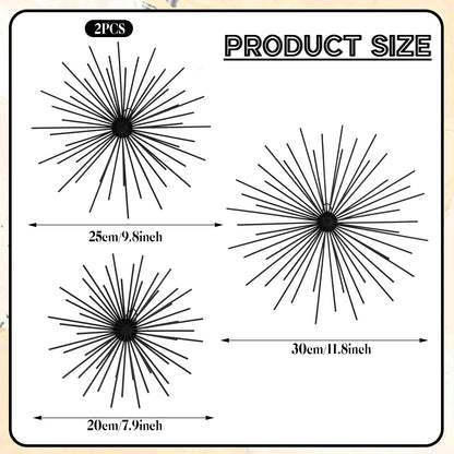 Shimeyao 4 Pcs Metal Starburst Wall Decor Black Metal Wall Art 3D Spike Bling Finish Star Burst Hangings Accents Sculptures Set Modern Mid Century Decorations for Living Room Bedroom Entryway