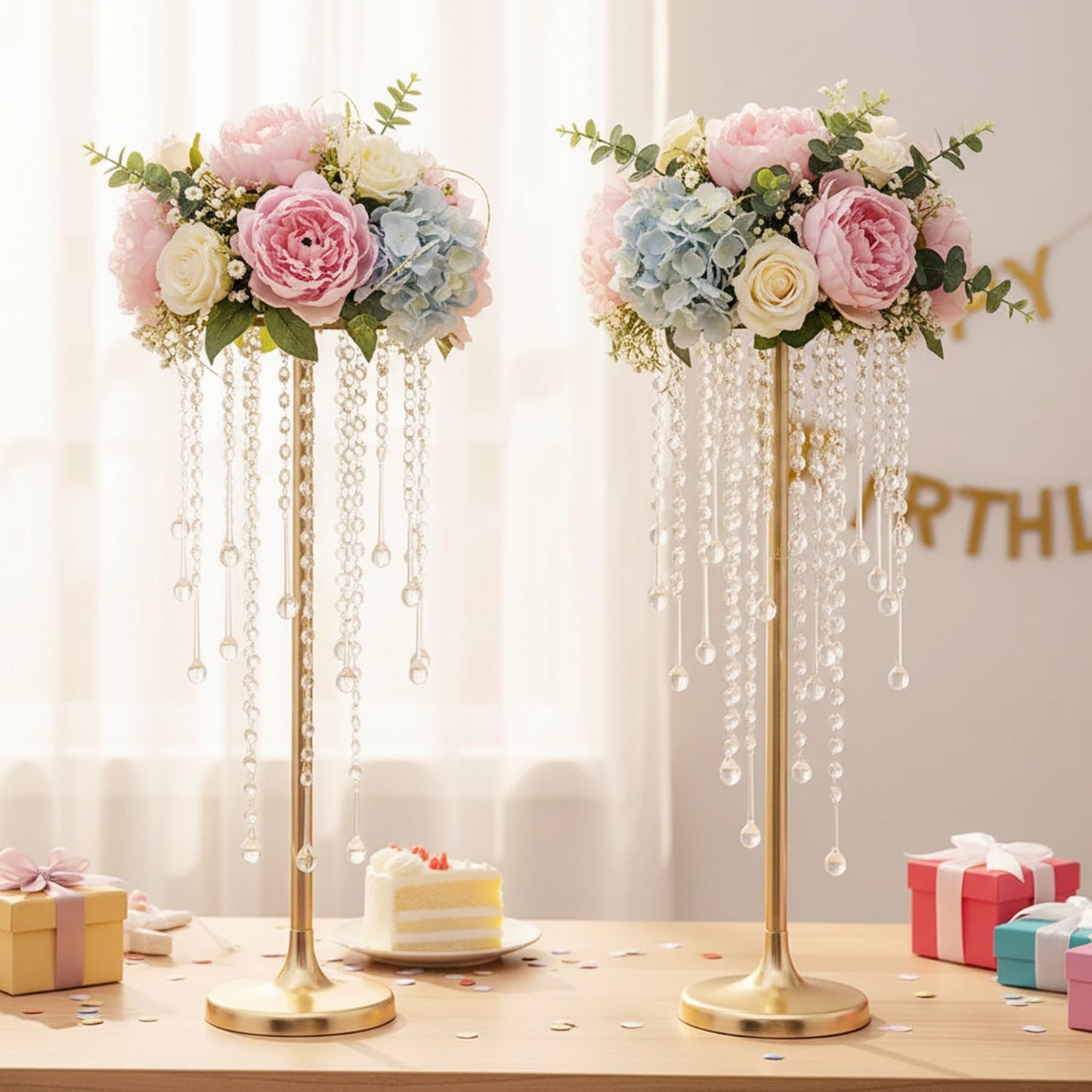 21.7in Tall Gold Vases for Table Centerpieces - 2pcs of Metal Flower Stands with Sparkling Crystal Beads, Elegant Flower Vases for Anniversary Birthday Party Christmas Event Wedding Home Decor
