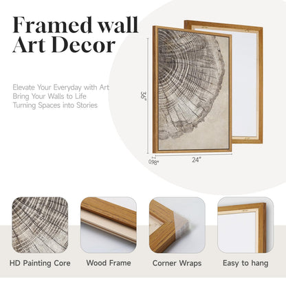 2 Piece Framed Neutral Tree Rings Wall Art for Living Room, Large Modern Wood Grain Canvas Prints Paintings, Farmhouse Nature Wabi Sabi Artwork Decor for Bedroom Hallway 24x36 Inch