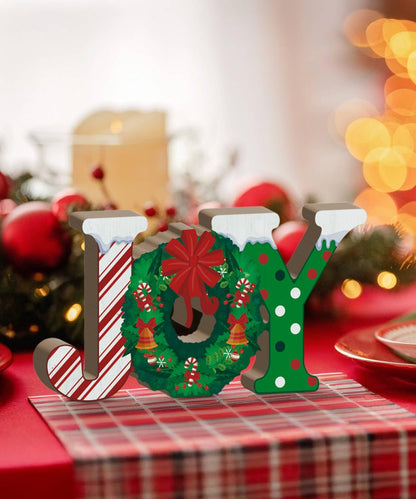 Putuo Decor Christmas Table Decor, Red Joy Christmas Letters Decorations Indoor with Wreath Candy Cane Pattern, Wooden Joy Christmas Sign for Home Fireplace Mantel Xmas Holiday Decor