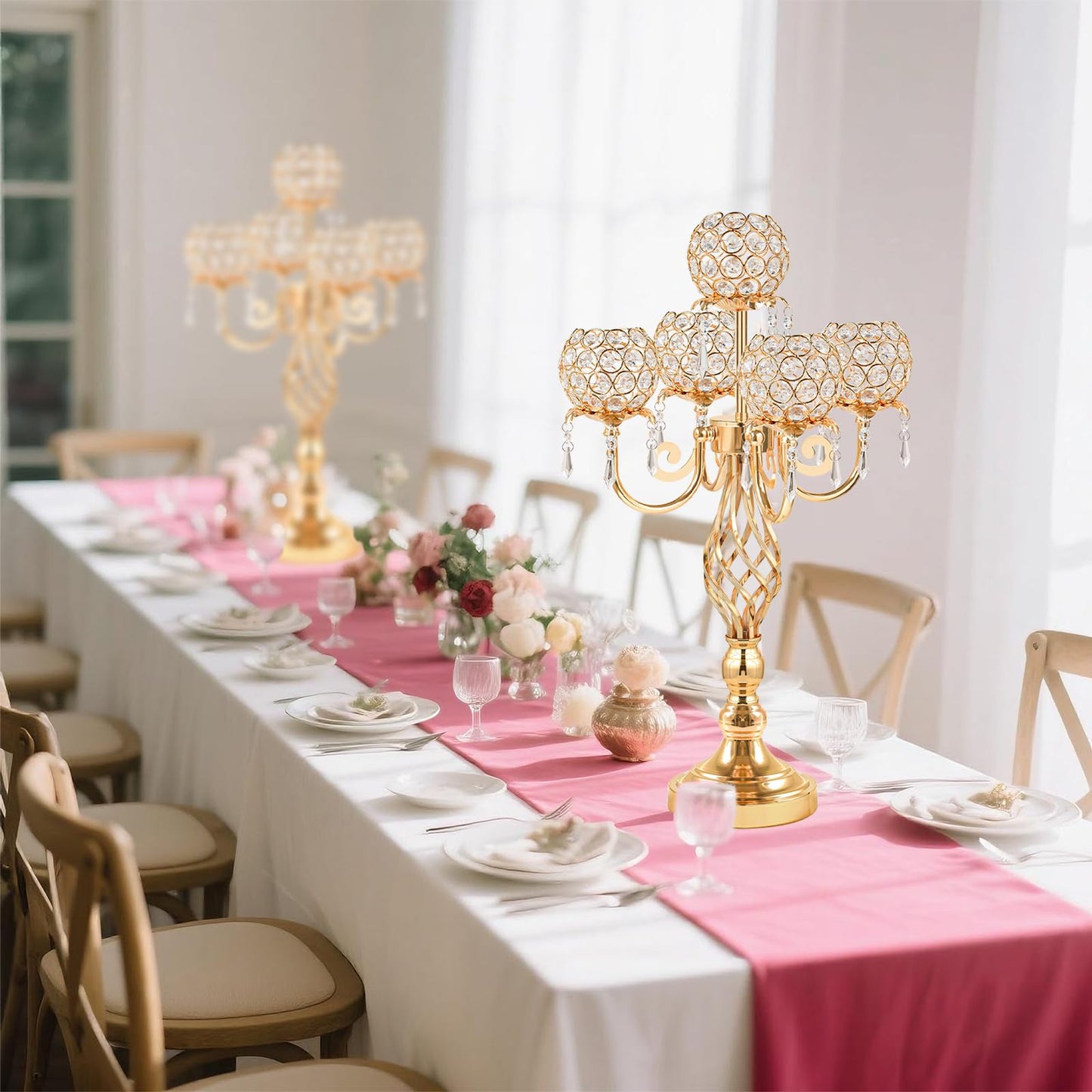 Kehail 5-Arm Crystal Candelabra Centerpiece 23.2" Tall - Elegant Candle Holder Stand with Crystal Bowl, Chic Table Decor for Weddings, Parties, Anniversary & Home Decoration (2, Gold)