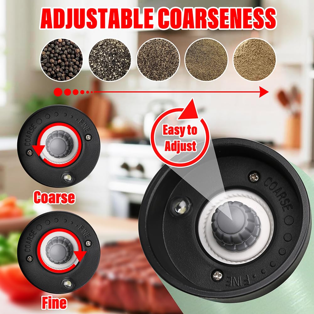 2 PCS Rechargeable Gravity Electric Salt and Pepper Grinder Set Shakers Automatic Grinders Adjustable Coarseness Mill Grinder Set with 3.5oz 90ml Capability size 2.4x7 inches Charging By USB