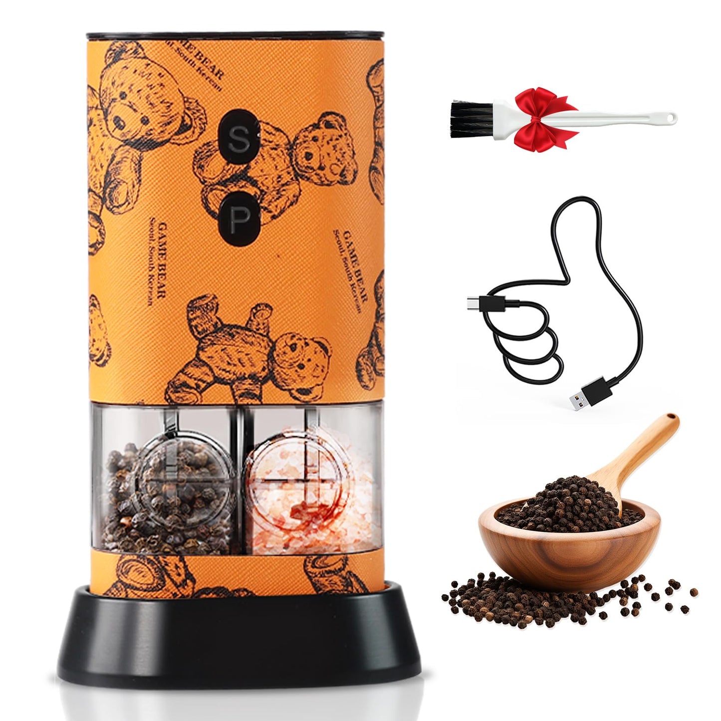 Dual Chamber Salt and Pepper Grinder Set Rechargeable,Electric Pepper Grinder USB-C,One-Hand Control Automatic Salt Mill Shakers,Ceramic Adjustable Coarseness,Large Capacity LED for Kitchen Home Gifts