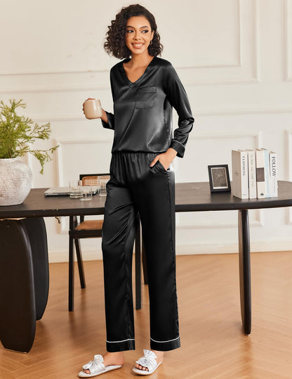 Ekouaer Silk Pajama for Women Long Sleeve Satin Pj Set Two Piece Soft Sleepwear Loungewear S-XXL