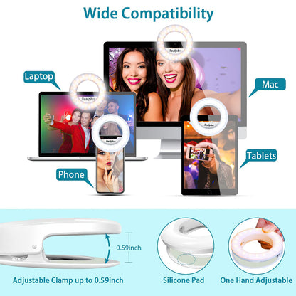 RealPlus Clip-on Selfie Ring Light [Rechargeable] with 40 LEDs and 3 Light Modes, Dimmable for Phone, Tablet, Laptop, Zoom Meeting, Makeup, Video
