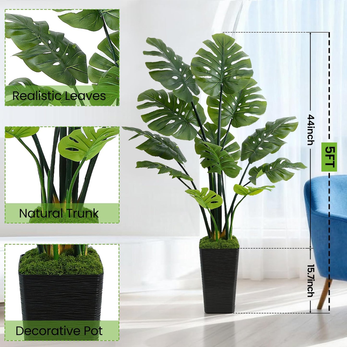 UPBUD Artificial Monstera Deliciosa Plant, 5FT Fake Monstera Tree with 12 Lifelike Leaves & Black Pot, 60in Tall Faux Floor Trees Fake Plants for Indoor Office Porch Living Room Windowsill Decor