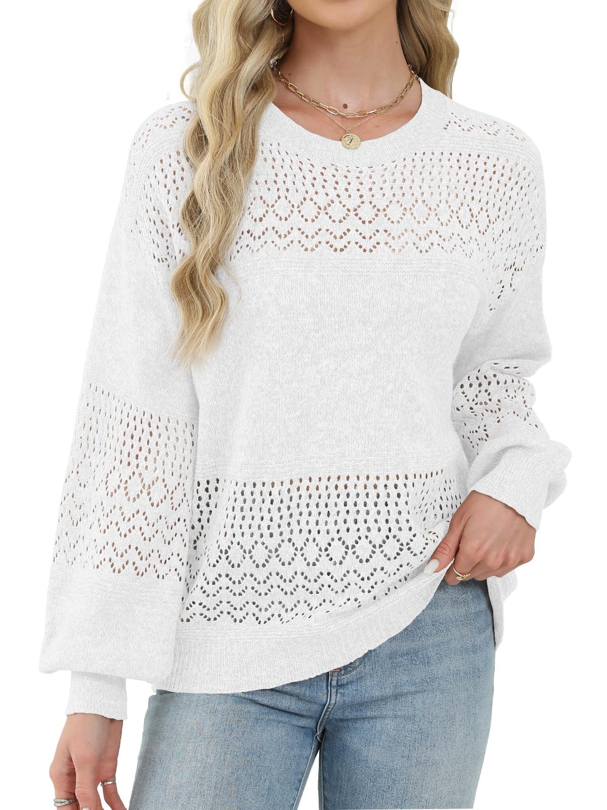 Lylinan Womens Sweaters Casual Boho Long Sleeve Shirts Crewneck Lightweight Crochet Tops Pullover Knit Sweater