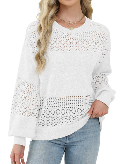Lylinan Womens Sweaters Casual Boho Long Sleeve Shirts Crewneck Lightweight Crochet Tops Pullover Knit Sweater