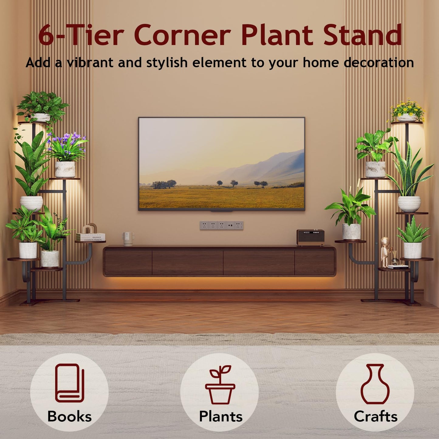 Homsorout Corner Plant Stand with Grow Light - 6 Tier Plant Stand Indoor Round Metal Plant Shelf with Adjustable Light, Plant Organizer for Living Room, Graden, Home Decor (Brown)