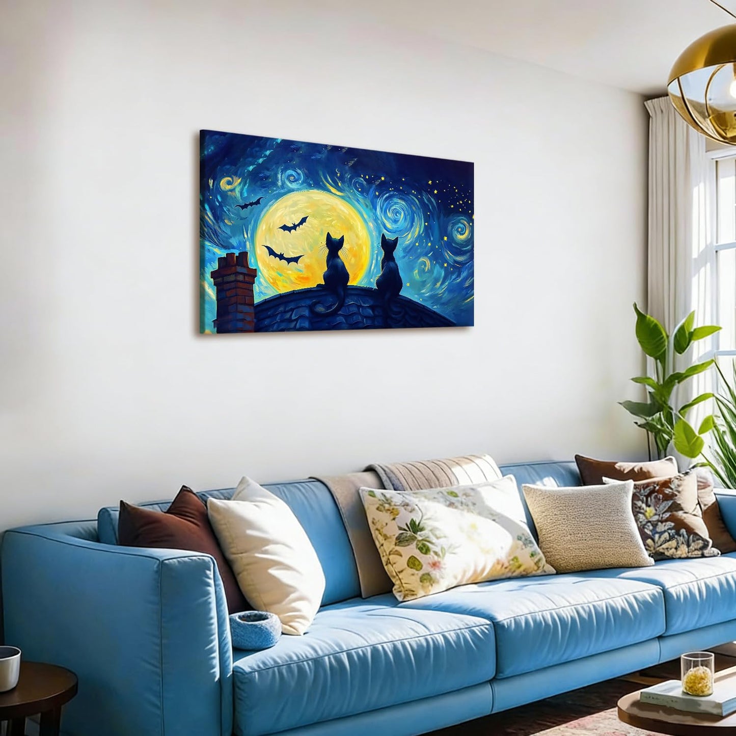 EEYNAQQ Starry Night Black Cat Wall Art, Van Gogh Style Halloween Canvas Painting, Moon Bat Rooftop Cat Wall Decor for Living Room Bedroom Children's Room, 12x16 Inches Ready to Hang