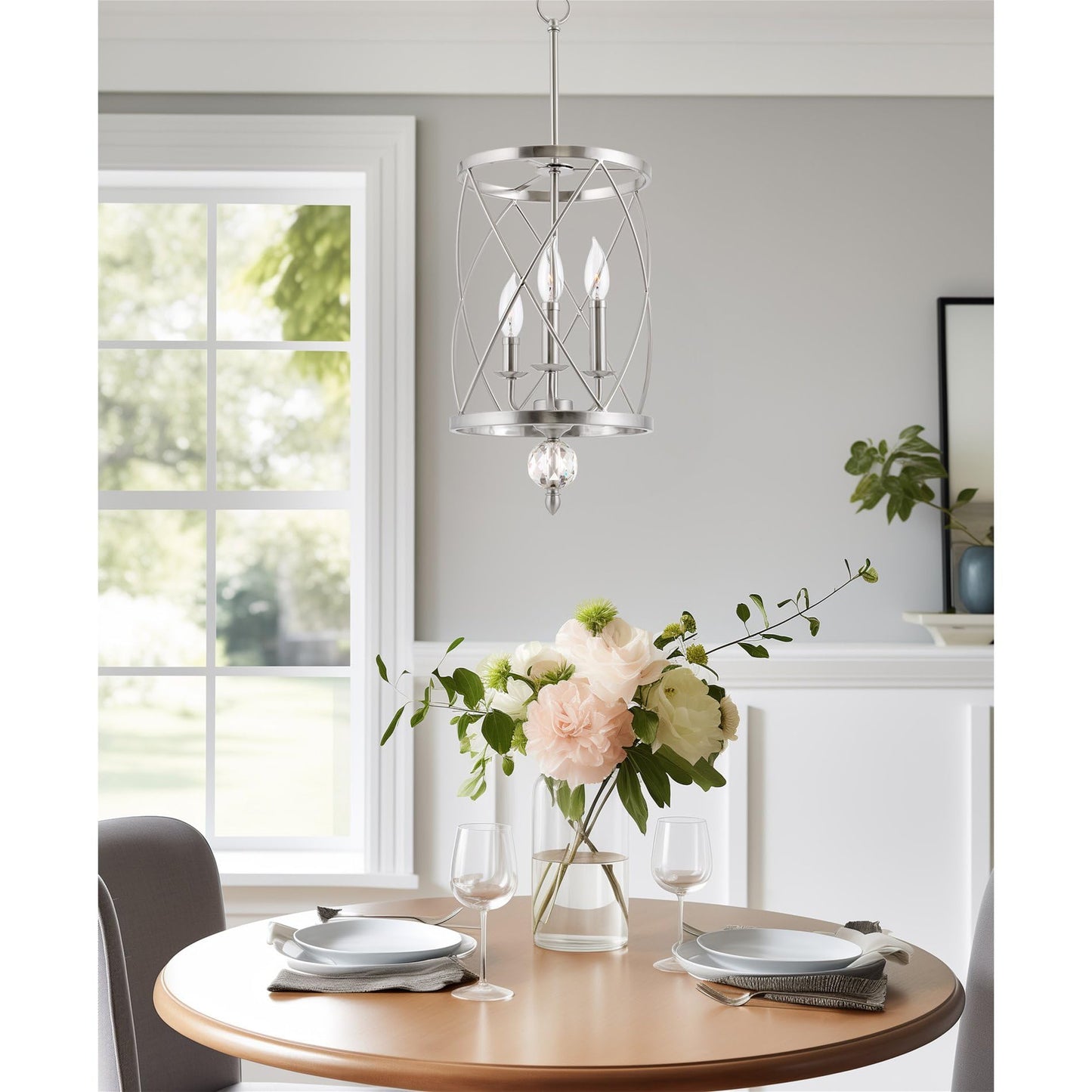 Kira Home Eleanor 27" Modern 3-Light Geometric Lantern Chandelier, Cylinder Trellis Cage Pendant Light with Crystal Finial, Brushed Nickel Finish