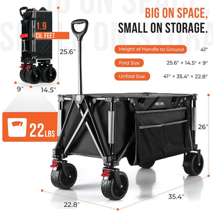 Overmont 150kg Festival Camping Trolley on Wheels - Heavy Duty Folding Wagon Cart with Extra Wide Wheels, 330lbs Capacity, Adjustable Handle, Portable for Outdoor, Garden, Shopping, Beach - Black