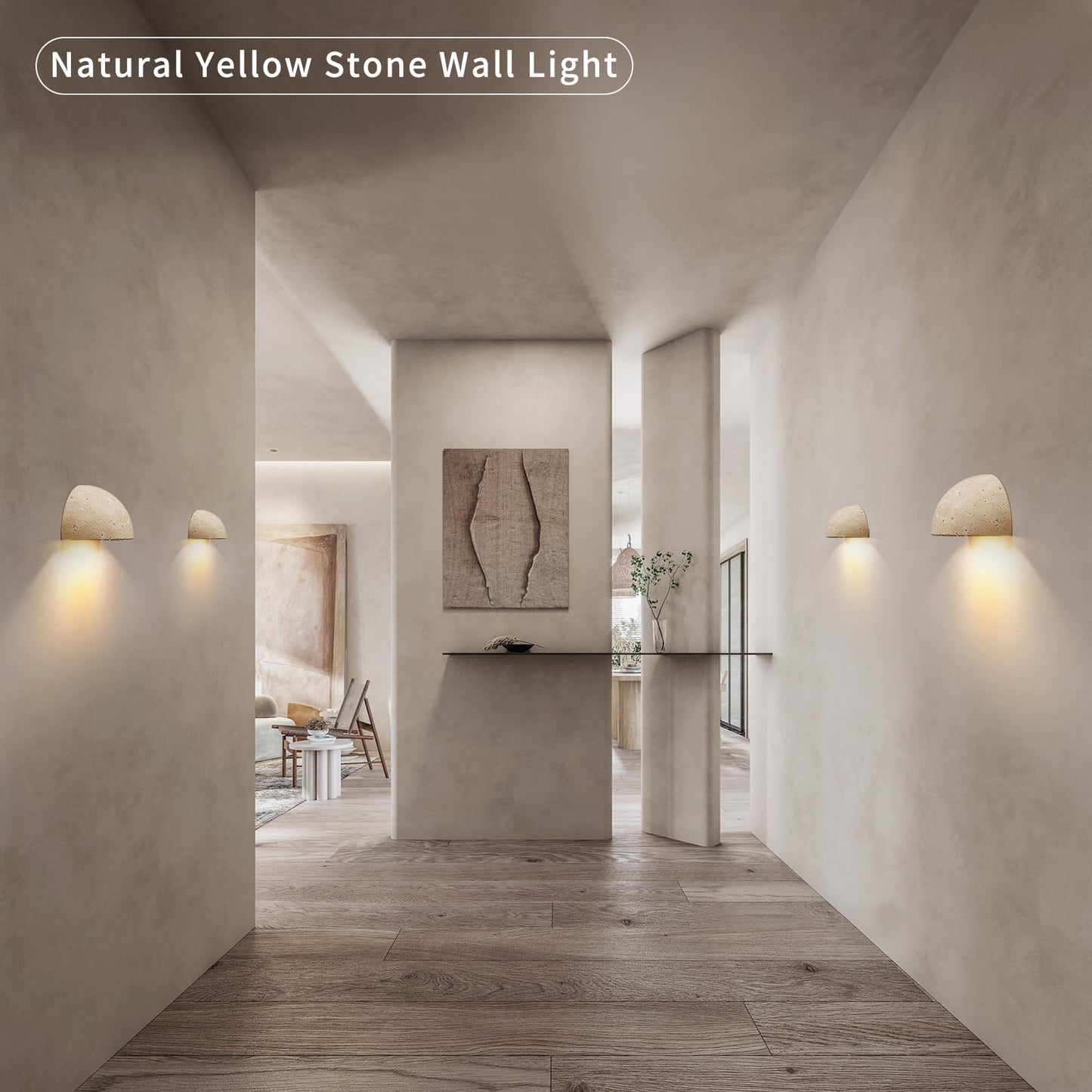 Wabi-Sabi Art Lighting Fixture Nordic Modern Marble Wall Sconce, Half Moon Semi Circle Yellow Travertine Wall Lamp,Japanese Style Natural Stone Bedside Wall Light for Bedroom, Foyer, Entryway,Stairs