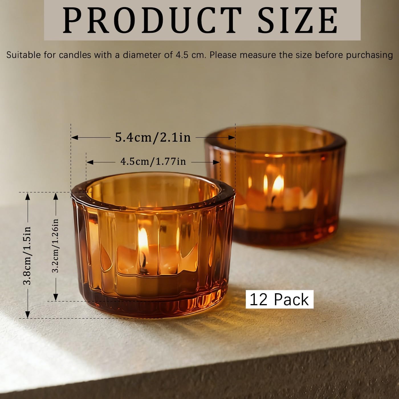 AUMAYCO Amber Tea Light Candle Holders Set of 12, 5cm x 3.5cm Glass Tea Light Holders for Table Centerpiece, Mini Votive Candle Holders for Weddings, Birthday Parties, Home Decor, Table Decor
