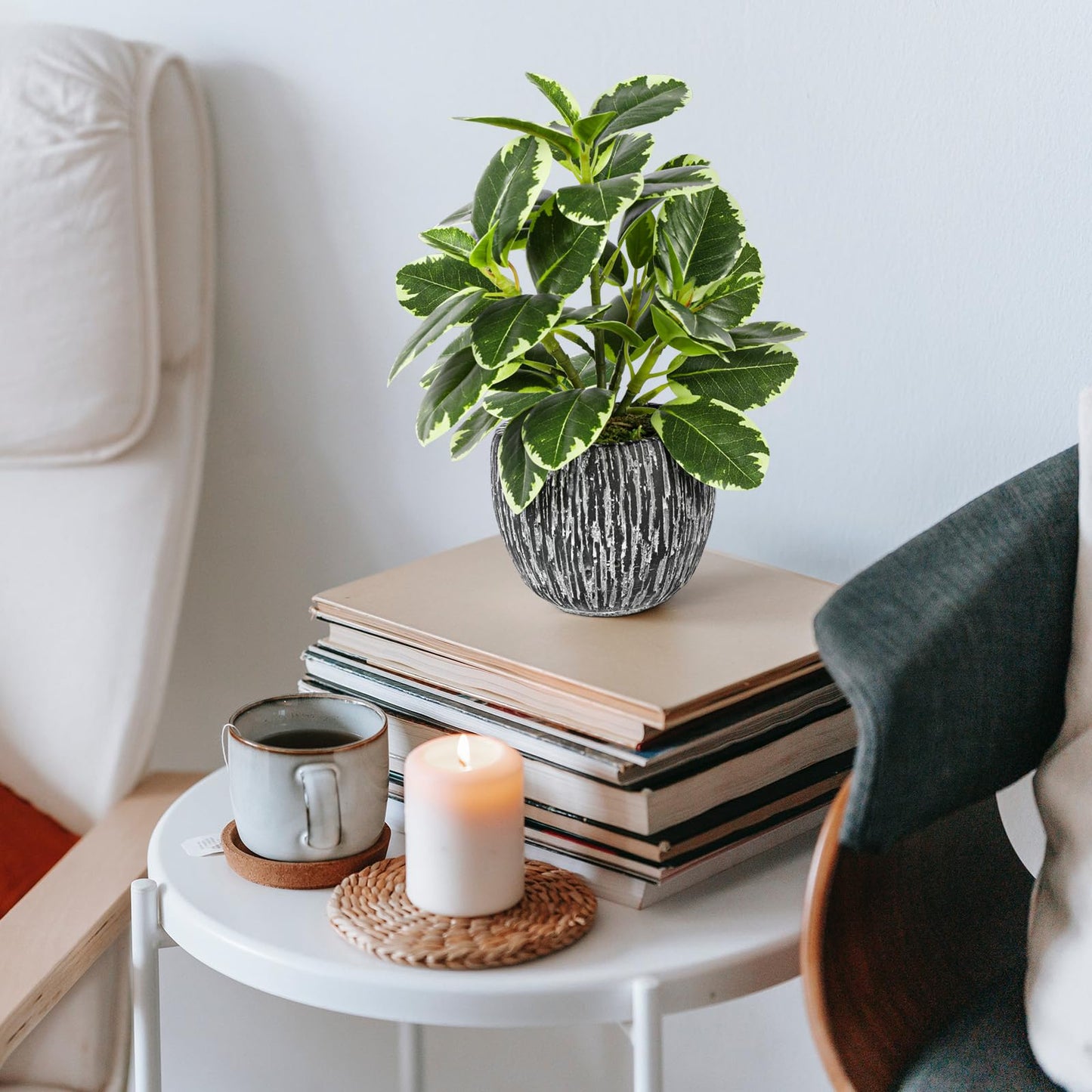 Artificial Plants Indoor Outdoor, Faux Variegated Oak Leaf Plant, Fake Potted Plants Artificial Decor for Coffee Table Desk Shelf, Faux Plants Indoor for Living Room Bathroom Bedroom Entryway Office