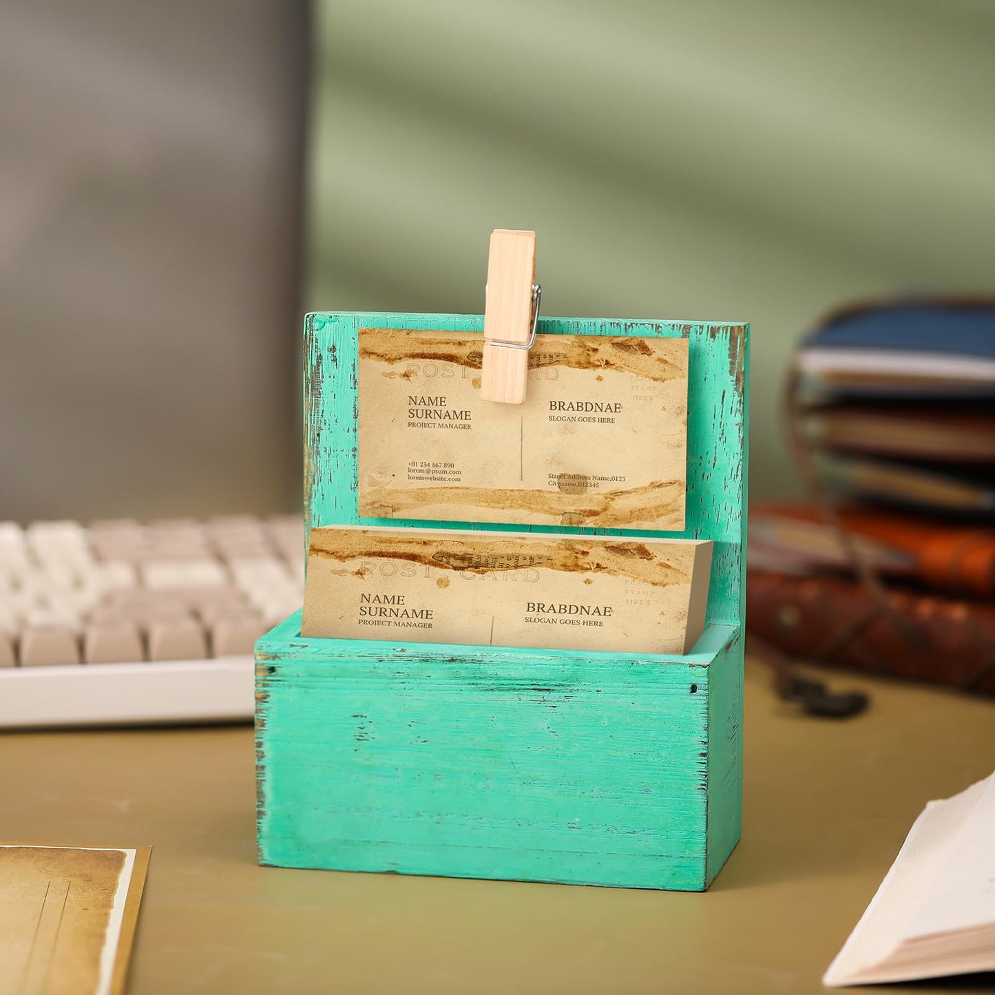 Wonderjune Wood Business Card Holder Vintage Wooden Open Card Stand Farmhouse Desktop Business Organizer Display Stand with Clip for Office Home Counters Tabletop Desk(Green)