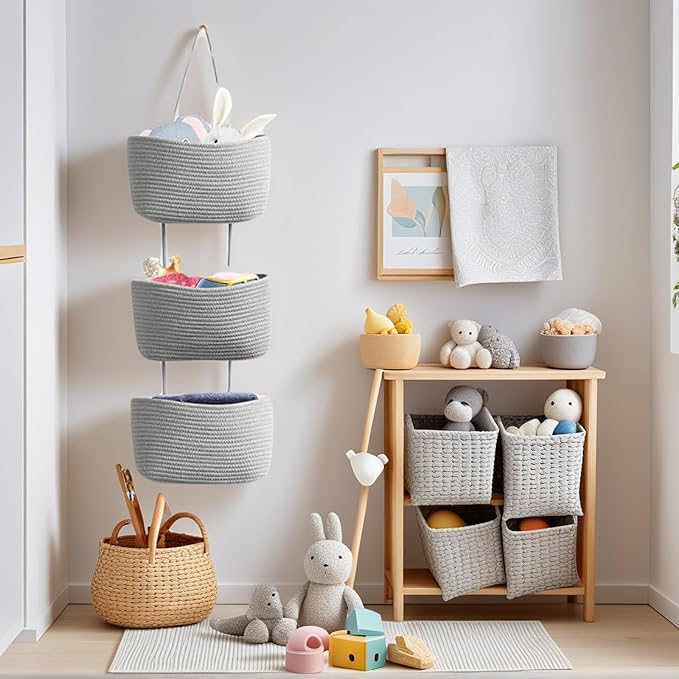 Hanging Baskets for Organizing, 3-Tier Woven Cotton Over the Door/Wall-Mounted