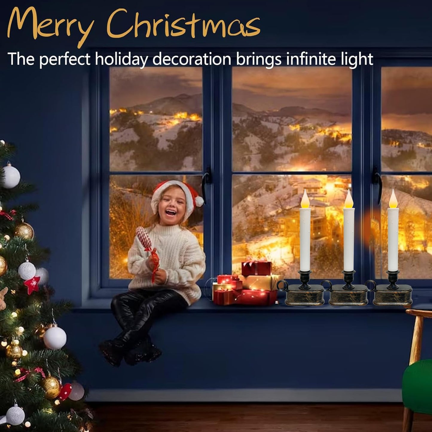 Doratale 4 Pack Window Candles with Sensor Dusk to Dawn, Christmas Window Candles Battery Operated, LED Flameless Taper Candle for Christmas Home Decor Table Window, Bronze Base