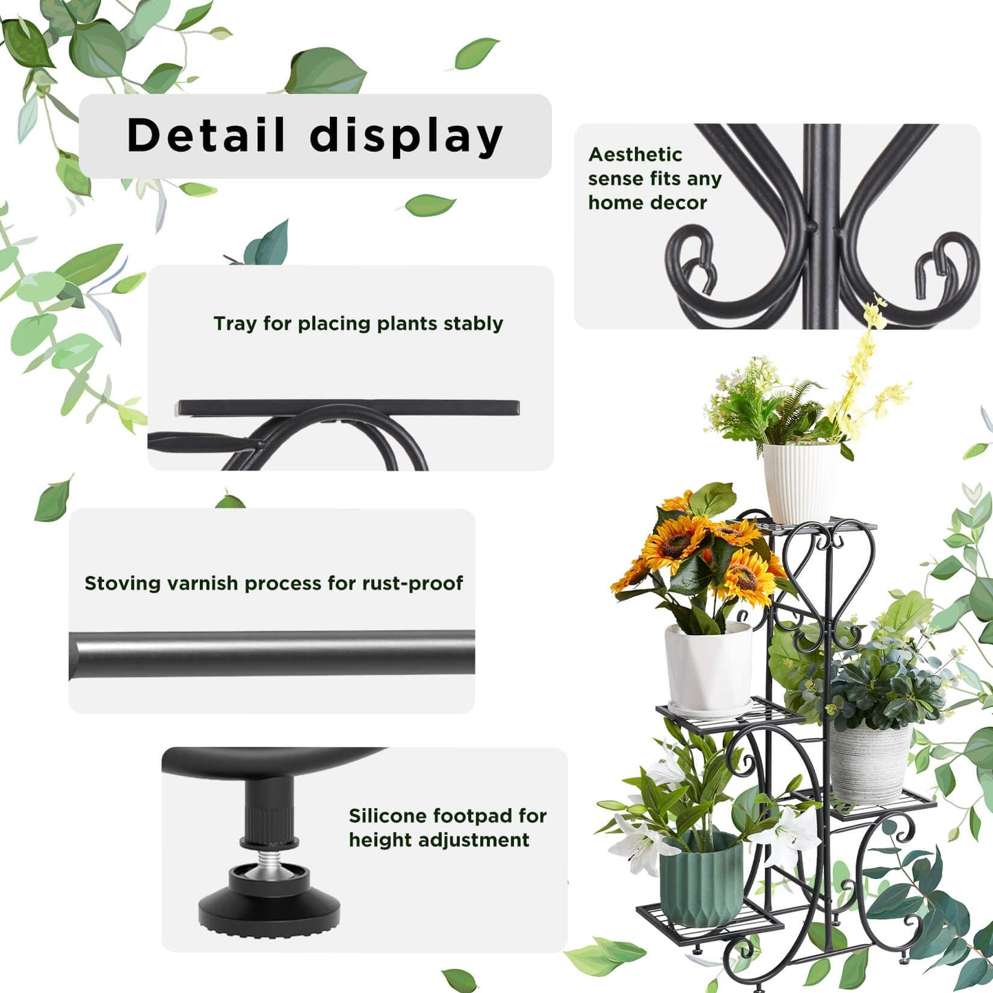 unho Metal Plant Stand Black: 4 Tier Flower Pot Display Rack with Potted Planter Shelves Indoor Storage Shelf Holder for Balcony Living Room Patio Garden Entryway Décor (Black)