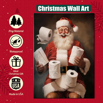 Funny Santa Christmas Canvas Wall Art for Bathroom, Humorous Framed Canvas Prints Ready to Hang, Unique Christmas Gifts for Home & Office Christmas Decorations