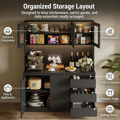 71" Kitchen Pantry Cabinet,Tall Storage Cabinet with Doors & Shelves Adjustable, Kitchen Storage Hutch with Microwave Shelf,Coffee Bar,Led Lights&Charging Station,Corner Pantry Cabinet for Living Room