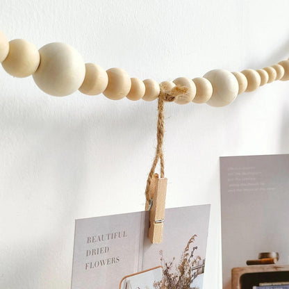 2PCS Hanging Photo Display Wall Decor,Boho Wooden Bead Garland Picture Hanging String with Clips for Dorm, Bedroom, Living Room, Office Cubicle Decor, Art Display Hangers for Artwork