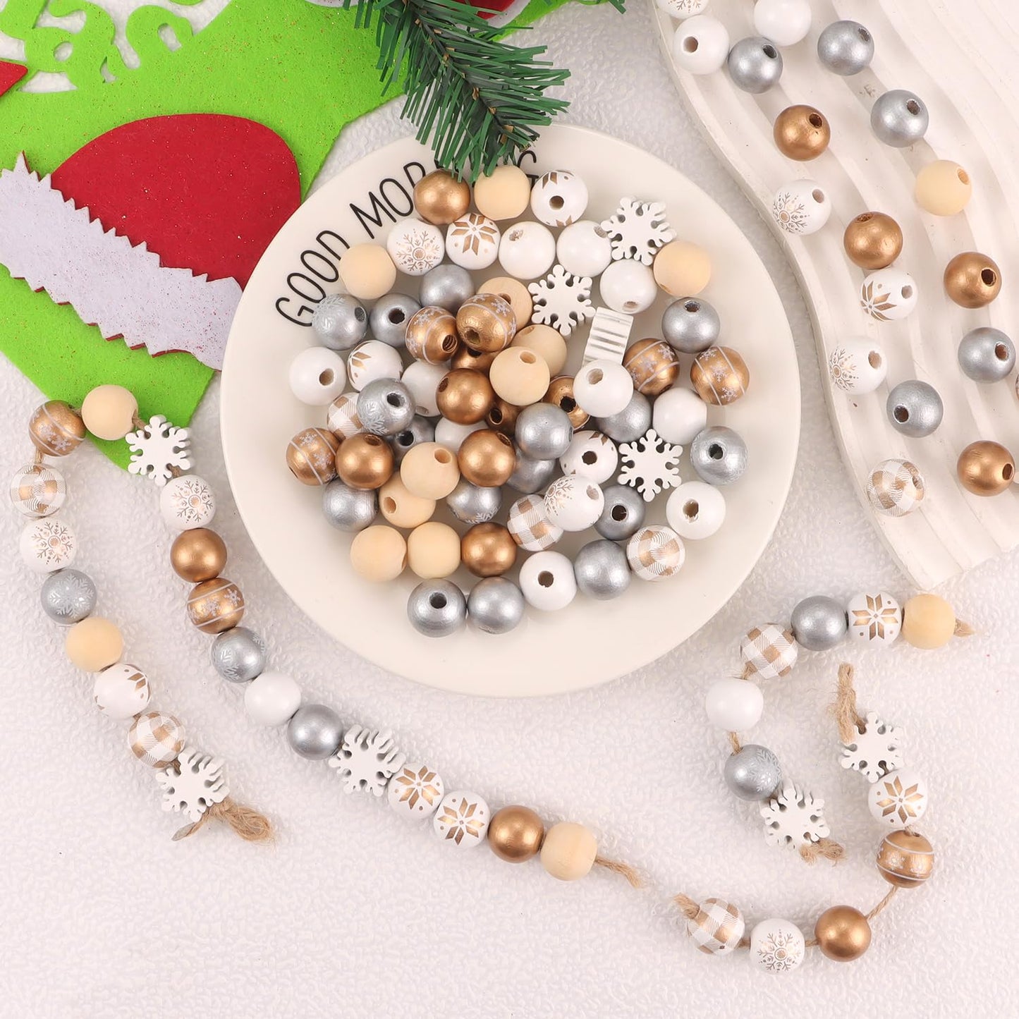 210 Pcs Golden Wood Beads Winter Gold Silver White Snowflake Wooden Craft Beads Bulk for Xmas DIY Garland Necklace Bracelet Jewelry Making Home Decor