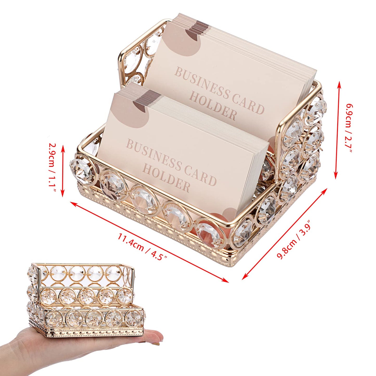 Hipiwe 2 Tiers Crystal Business Card Holder Stand Gold Mirrored Business Card Display Stand Organizer Desktop Business Card Storage Holder for Office Countertop