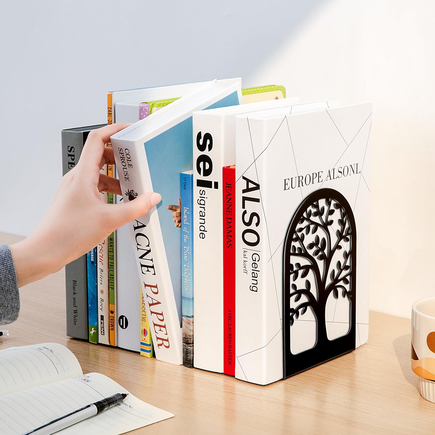 HappyHapi Book Ends, Metal Bookends for Shelves Decorative, Tree Stopper for Heavy Books, Black Ends to Hold Books for Home Office, 6.5 X 4.7 X 3.5 Inch(3 Pairs/6 Pcs, Large)