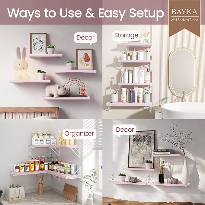 BAYKA Wall Shelves for Bedroom Decor, Mounted Rustic Wood Shelves for Kids Books