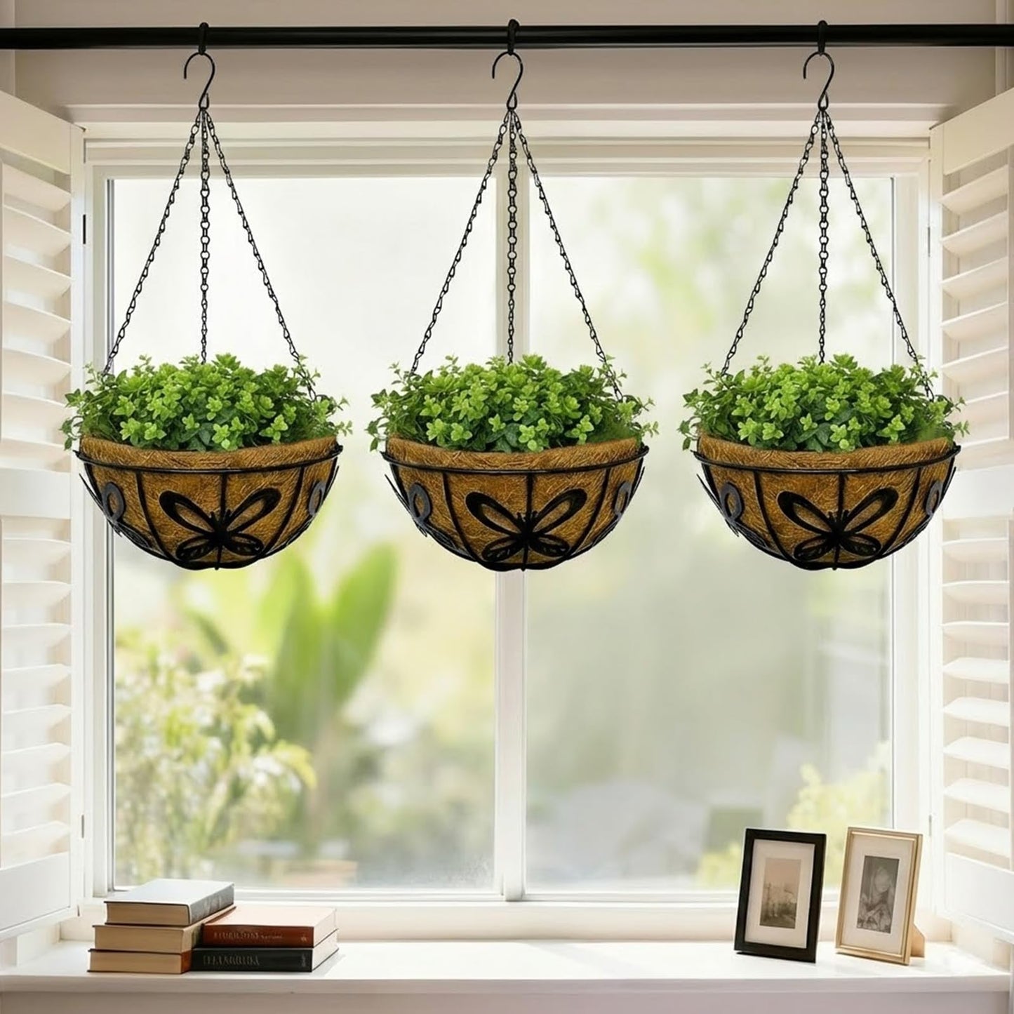 CRAYZA 14 Inch Hanging Baskets for Plants Outdoor, 3 Pack Metal Wire Hanging Planters with Coco Coir Liners, Rust-Resistant Flower Basket with Chains & Hooks for Garden Patio Porch Deck Balcony