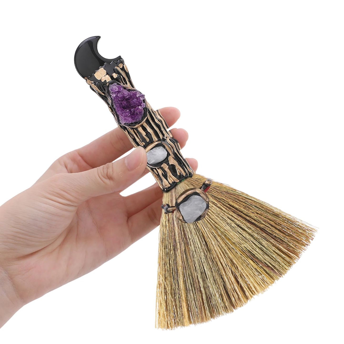 RENEMEGO Witch Crystal Altar Broom - Witchcraft Supplies Wiccan Decor Altar Supplies with Moon Black Obsidian Natural Healing Crystals Reiki Energy Emotional Regulation Wealth Attraction Crafts