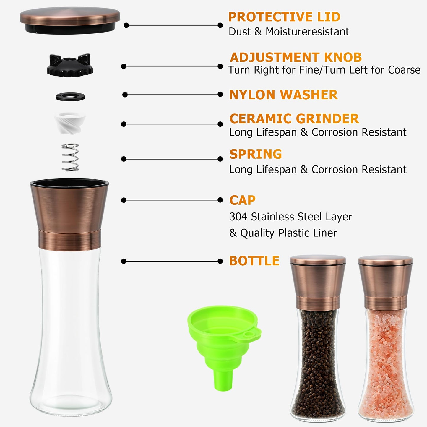R DRURLCD Copper Salt and Pepper Grinder Set of 2，Refillable Adjustable Coarseness Stainless Steel, Pepper Mills W/Funnel for Kitchen