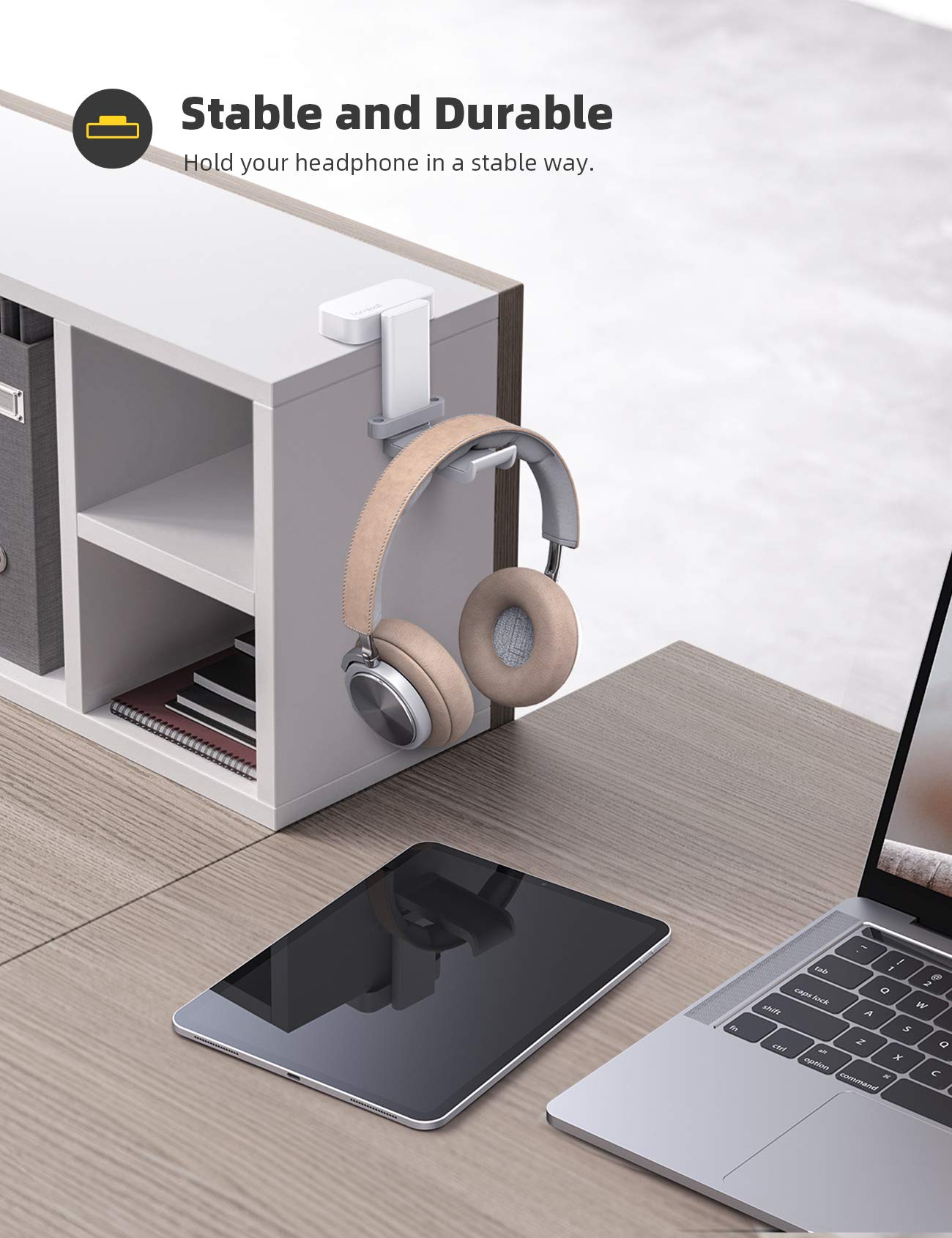 Lamicall Headphone Stand, Sticky Headset Hanger - 360 Degree Rotation Earphone Adhesive Hook Holder Mount, Table Headphone Stand with Cable Organizer, Headset Clamp for HyperX, Sennheiser -White