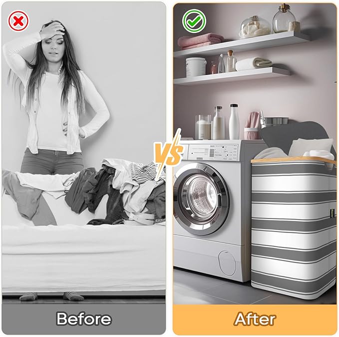BALEINE Laundry Hamper with Lid, Tall Laundry Baskets with Bamboo Pull Handles
