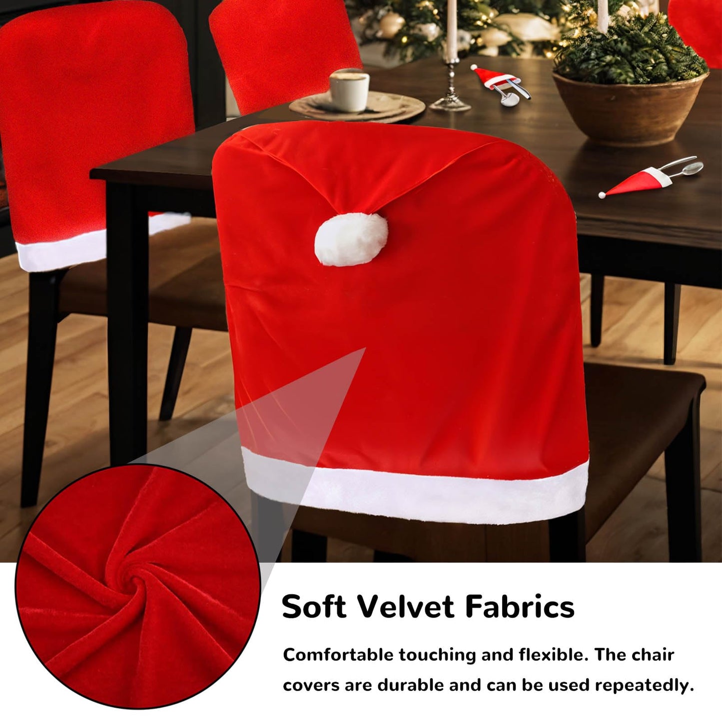 VADOO Christmas Chair Covers, 6PCS Santa Hat Chair Covers with 6 Pcs Silverware Holders Red Hat Dining Chair Slipcovers Christmas Chair Back Covers for Party Holiday Festival Decoration