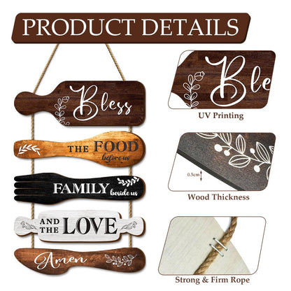 Dazzlewall 5Pcs Kitchen Wall Decor, Bless the Food Cookware Shaped Hanging Signs for Farmhouse Kitchen Rustic Wooden Plaques for Country Dinning Room
