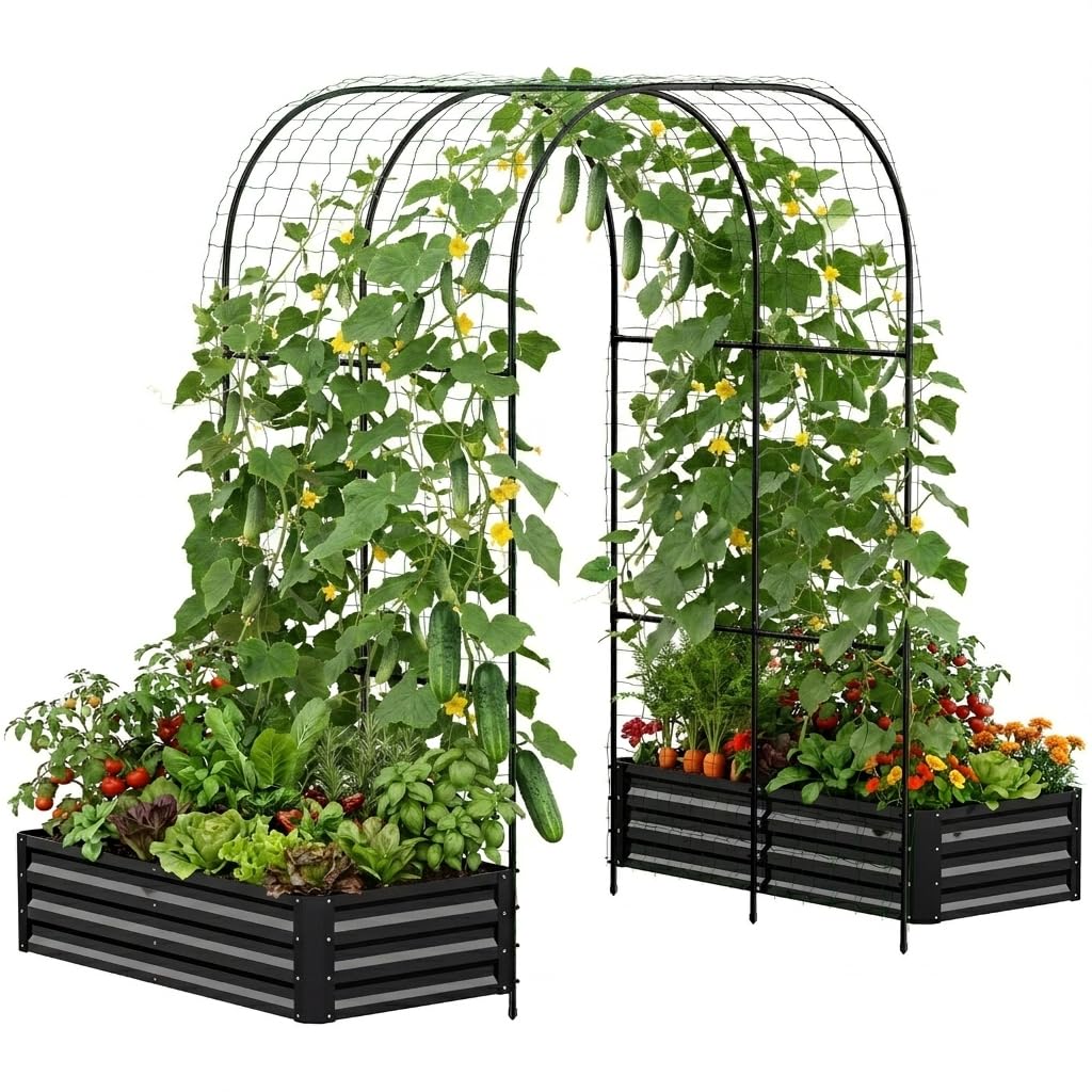 DoCred 3 in 1 Galvanized Raised Garden Bed, 2Pcs Metal Garden Planter Box with 87" H Trellis for Climbing Plants, Outdoor Gardening Raised Beds with Climbing Net for Fruits, Vegetables, Flower (Black)