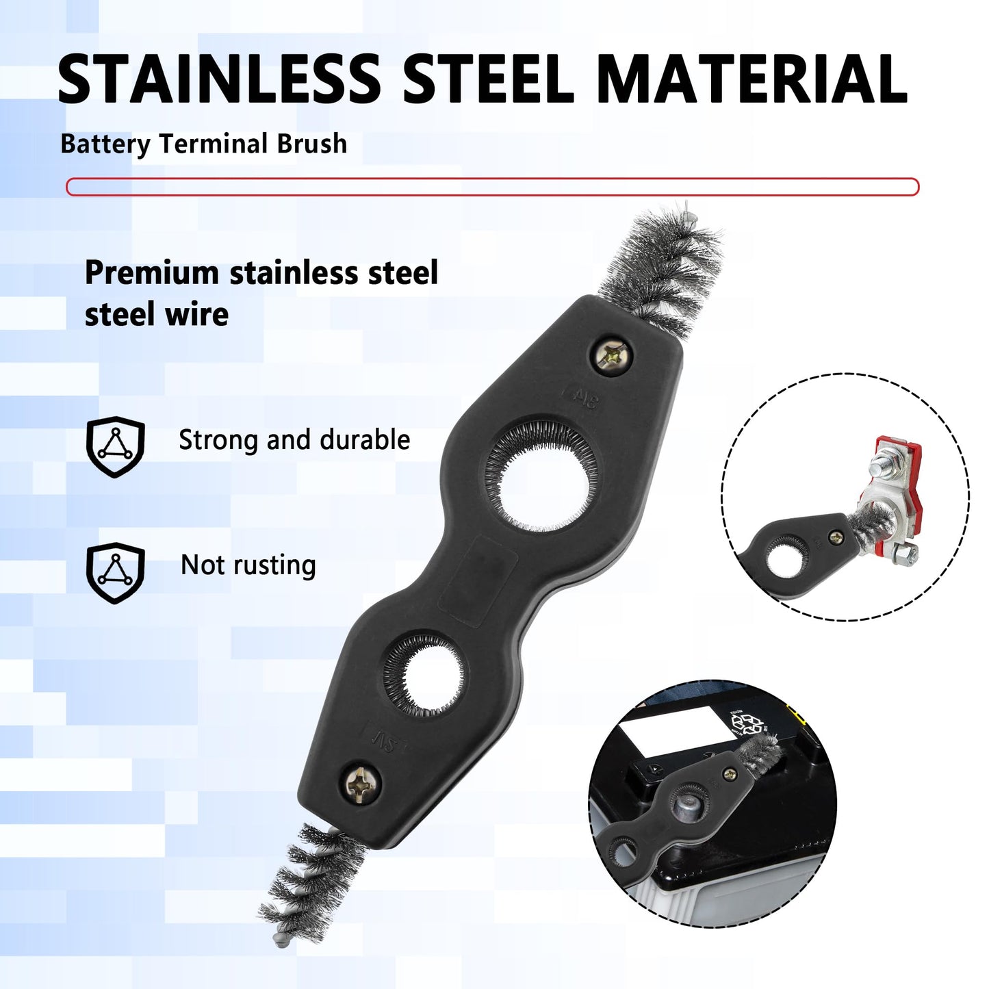 Stacool Car Battery Terminal Cleaner,Stainless Steels 4-in-1 Battery Post Cleaner for Post Adapter & Clamps,Multi-Purpose Car Cleaning Accessories (Black)