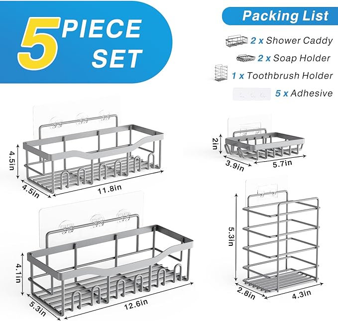 EUDELE 5-Pack Rustproof Stainless Steel Shower Caddy – No Drill Adhesive