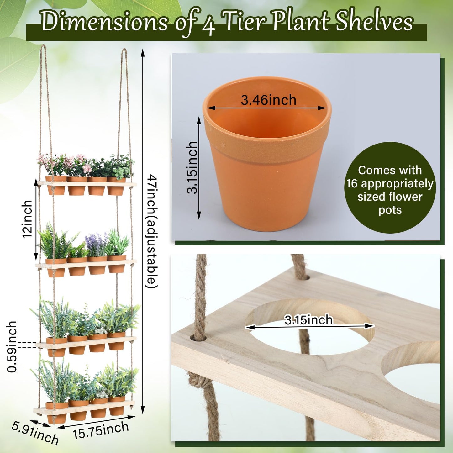 FillTouch 4 Tiered Window Plant Shelves Hanging Herb Planter Indoor Display with 16 Pcs Flower Pots Wood Window Plant Hanger for Grow Herbs Succulents Microgreens Seedling Organization