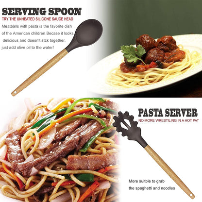 Kitchen Utensils Set- 35 PCs Cooking Utensils with Grater,Tongs, Spoon Spatula &Turner Made of Heat Resistant Food Grade Silicone and Wooden Handles Kitchen Gadgets Tools Set for Nonstick Cookware