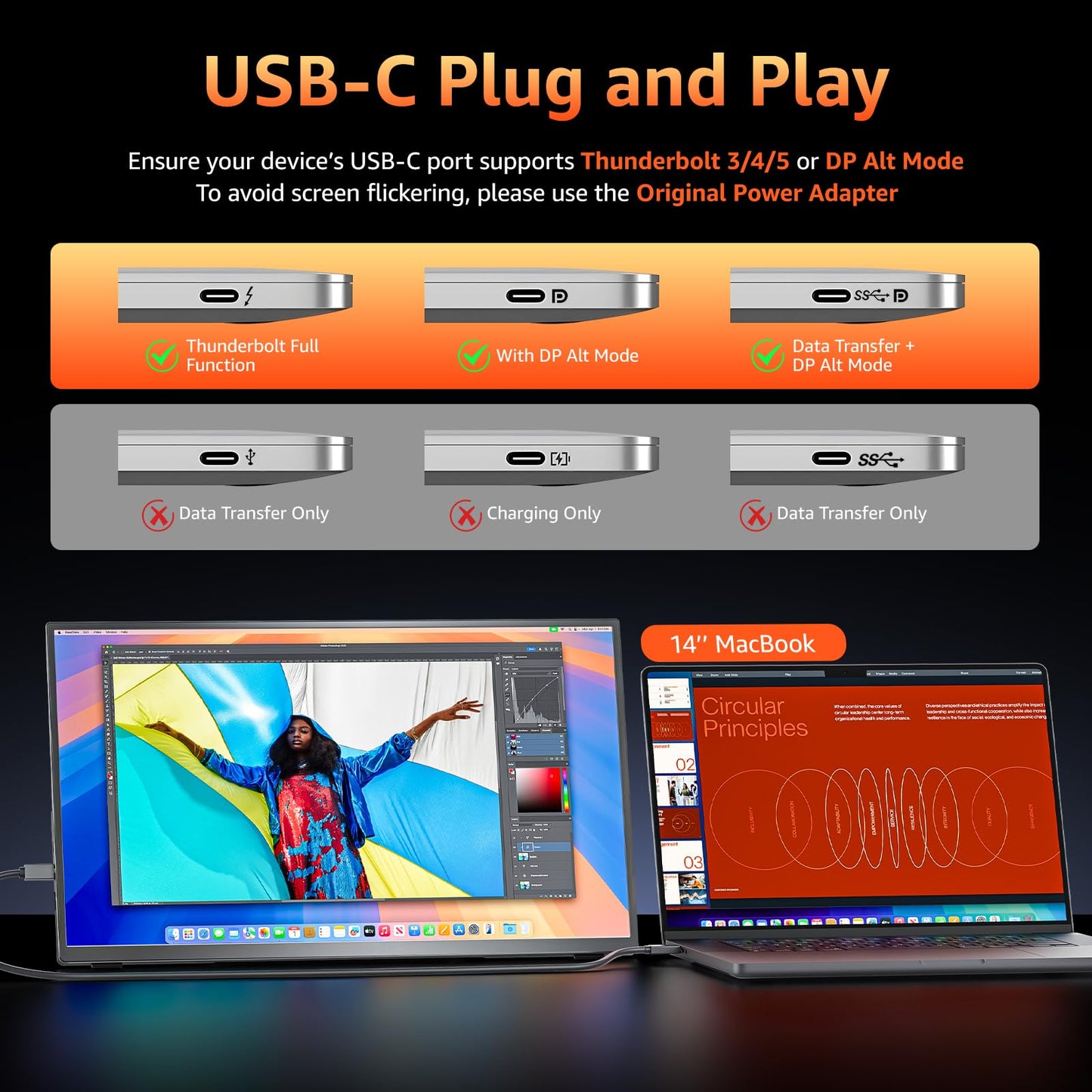 Portable Monitor 18.5 inch 1080P FHD 128% sRGB 100Hz, Travel Monitor for Laptop MacBook Surface PC Xbox PS5, HDMI Dual USB-C VESA Compatible Built-in Speaker, with Kickstand