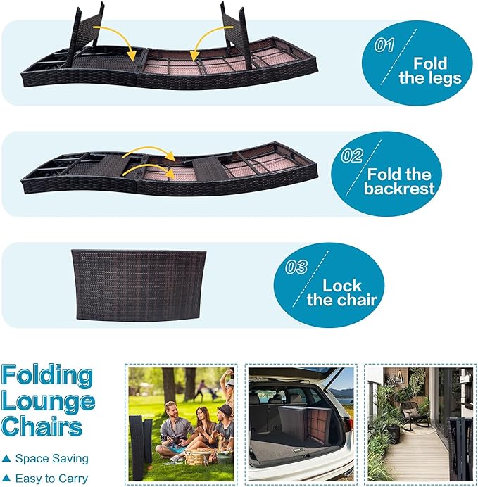 Set of Foldable Long Reclining Patio Seating Chairs, 2 Folding Chairs Patio
