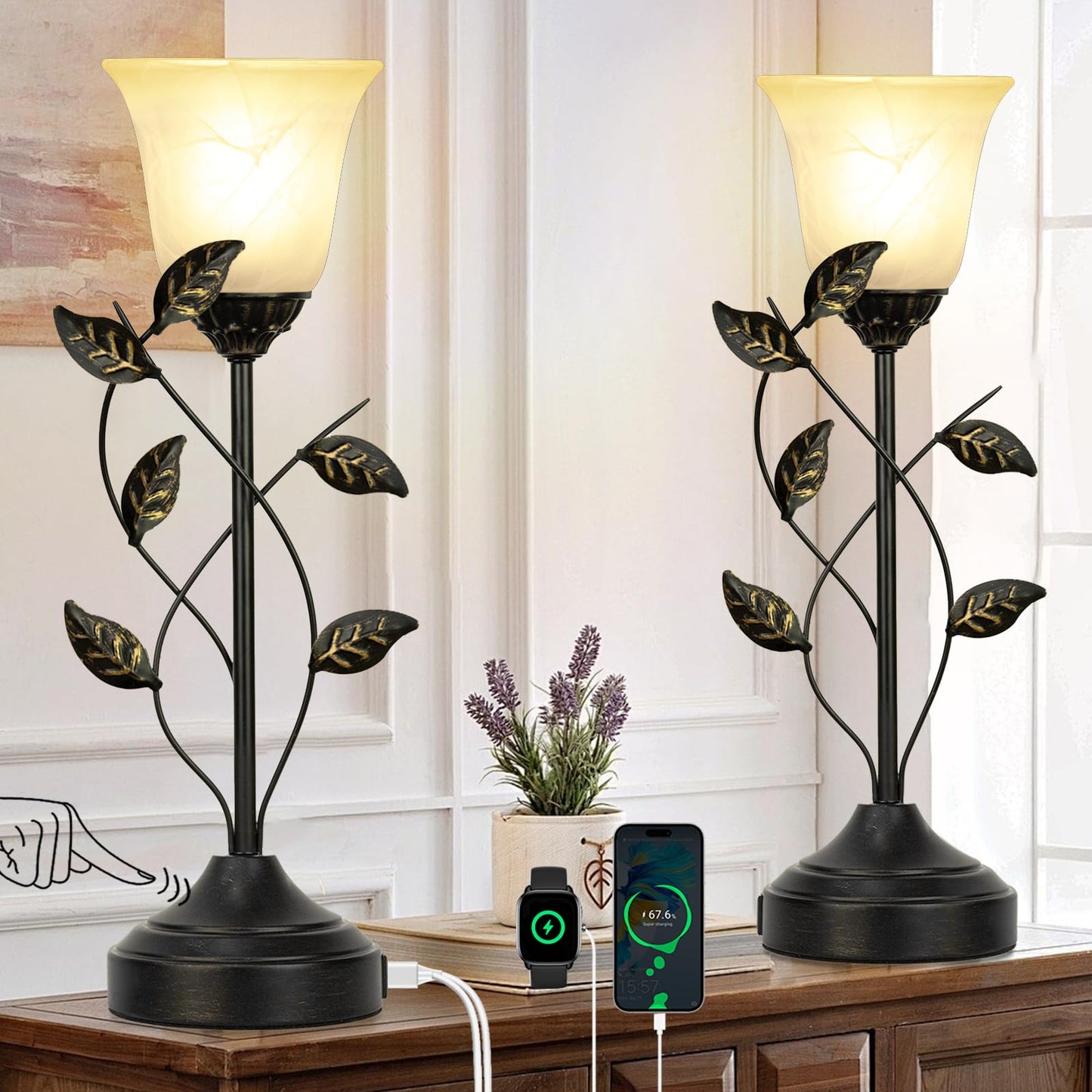20 Inch Table Lamp for Bedroom with White Glass Shade, Retro Leaf Design Bedside Lamps Set of 2, 3-Way Dimmable Touch Control Lamps for Night Stands with USB C+A Charging Ports for Bedroom Living Room
