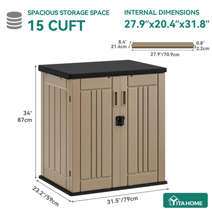 YITAHOME Outdoor Storage Cabinet with 2 Shelves, Waterproof Resin Horizontal Tool Shed, Lockable 15 cu. ft. Storage Shed for Patio, Garden, Yard, Brown