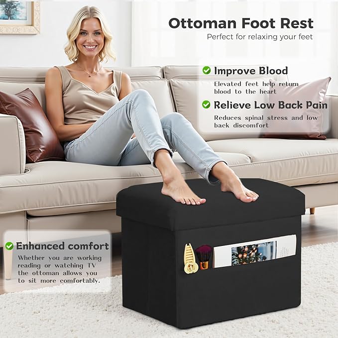 Small Ottoman with Storage, Folding Foot Rest Stool with Thicker Furry Padded