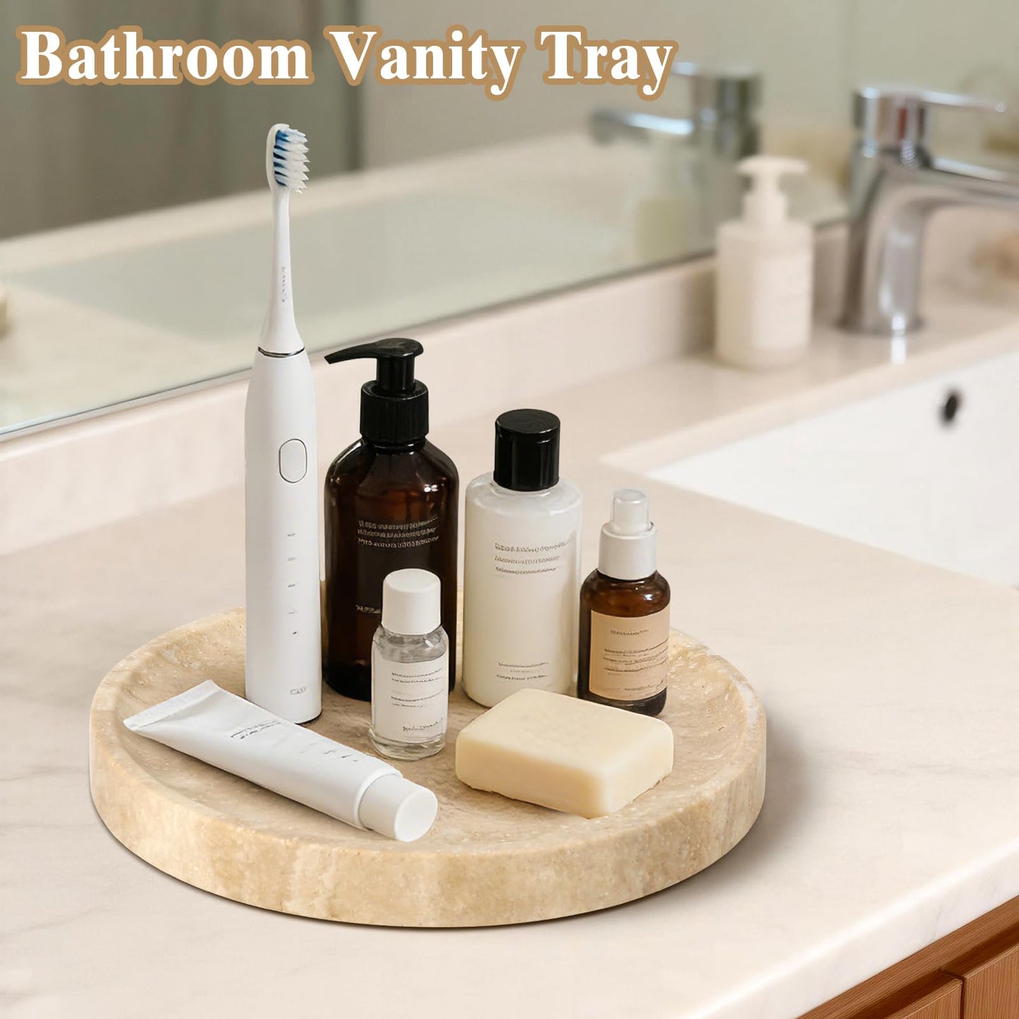 Moujings Natural Travertine Vanity Tray - Decorative Stone Marble Tray for Bathroom Countertop, Elegant Organizer for Home Decor, Jewelry, Candle, Makeup, Kitchen and Dresser Decor
